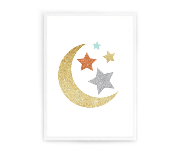 Moon And Stars Gold And Silver Sparkle Glitter Print-Prints for - GIRLS-Online Framed-Australian Made Wall Art-Milk n Honey Designs