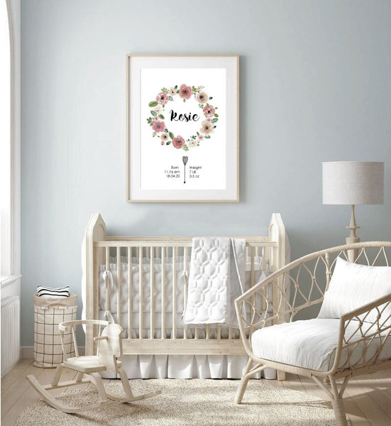 Custom Birth Print for Nursery -Floral Wreath Design