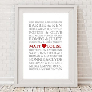 Famous Lovers Personalised Print-Prints for - COUPLES,CUSTOM - Love and Family Prints-Online Framed-Australian Made Wall Art-Milk n Honey Designs