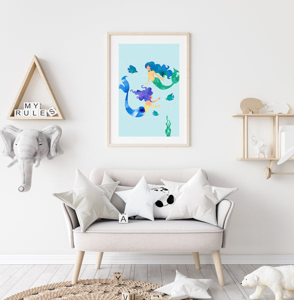 Mermaid Watercolour Print-Prints for - GIRLS-Online Framed-Australian Made Wall Art-Milk n Honey Designs