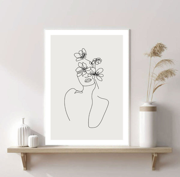 Bloom Girl Line Drawing Print-Art for Interiors-Online Framed-Australian Made Wall Art-Milk n Honey Designs