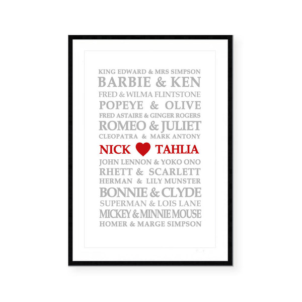 Famous Lovers Personalised Print-Prints for - COUPLES,CUSTOM - Love and Family Prints-Online Framed-Australian Made Wall Art-Milk n Honey Designs