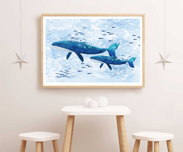 Whale Family Watercolour Nursery Art Print-Prints for - BOYS-Online Framed-Australian Made Wall Art-Milk n Honey Designs
