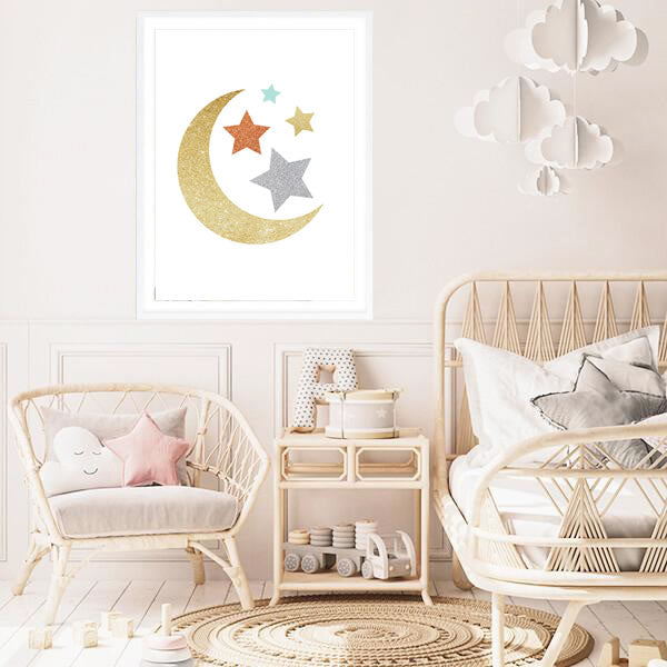 Moon And Stars Gold And Silver Sparkle Glitter Print-Prints for - GIRLS-Online Framed-Australian Made Wall Art-Milk n Honey Designs