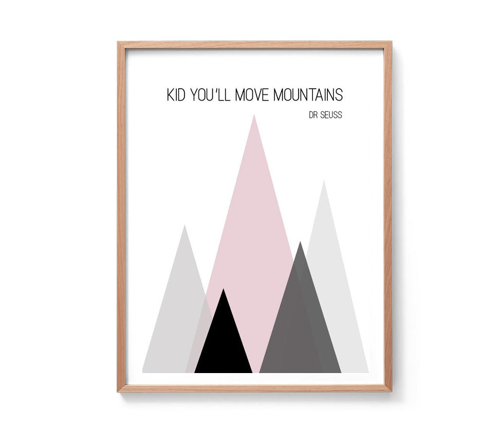 Kid You'll Move Mountains Print (Mint + Pink)-Prints for - GIRLS,Prints for - BOYS-Online Framed-Australian Made Wall Art-Milk n Honey Designs